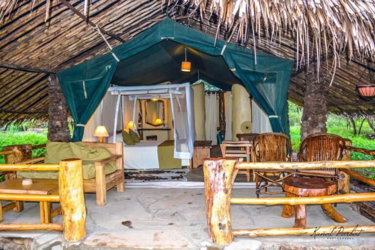 Wejście do namiotu Kibo Safari Camp pod dachem krytym strzechą, z tarasem i drewnianymi fotelami