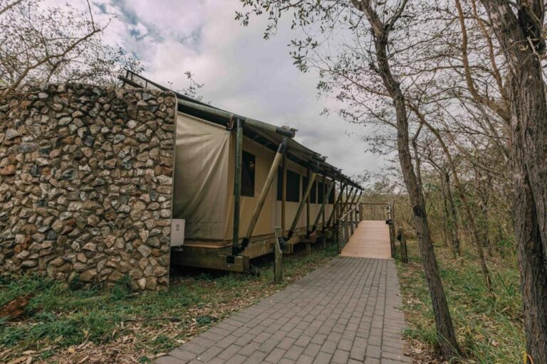 Namiot obiektu, w połowie kamienny, w połowie z płótna, na końcu brukowanej alejki