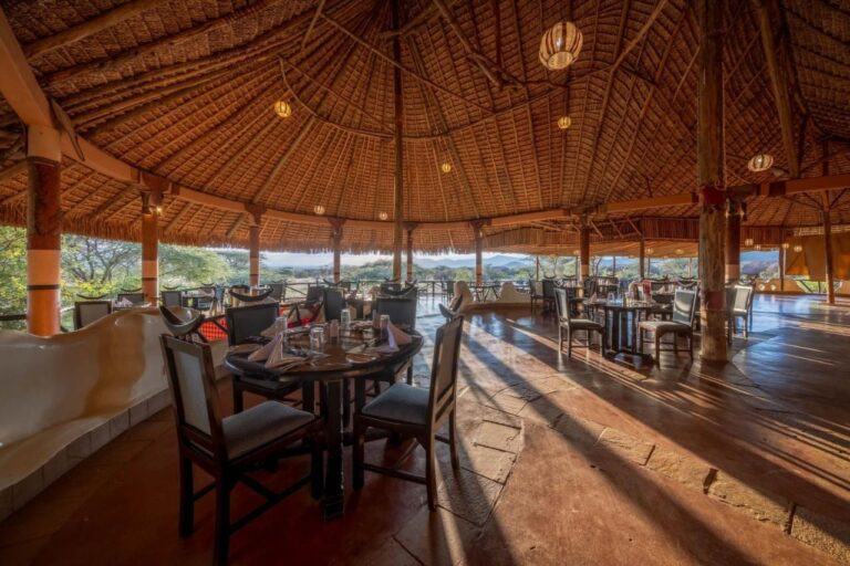 Sala restauracyjna pod ogromnym dachem ze strzechy, otwarta na akacje i wzgórza