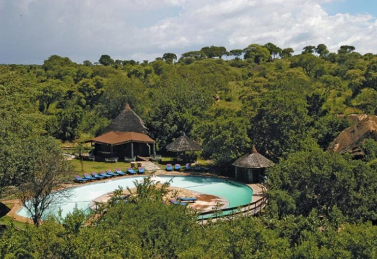 Basen Tarangire Sopa Lodge widziany z góry, otoczony buszem